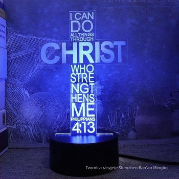 3D noćna lampica u obliku križa sa LED-om, akrilni abažur, napajanje iz mreže ili baterije, dodirno upravljanje