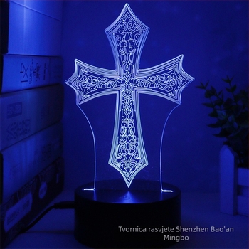 3D noćna lampica u obliku križa sa LED-om, akrilni abažur, napajanje iz mreže ili baterije, dodirno upravljanje