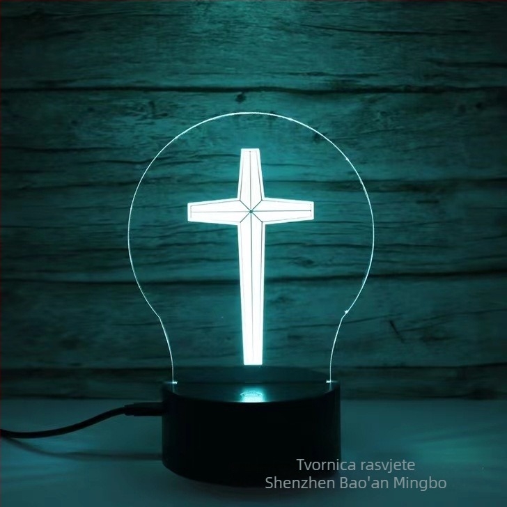 3D noćna lampica u obliku križa sa LED-om, akrilni abažur, napajanje iz mreže ili baterije, dodirno upravljanje