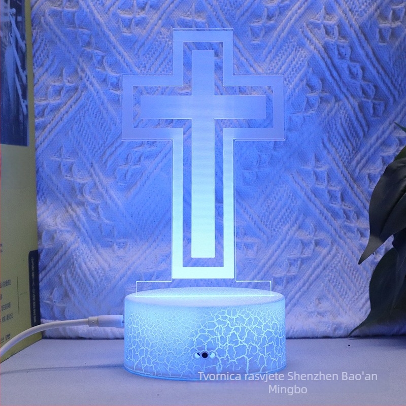 3D noćna lampica u obliku križa sa LED-om, akrilni abažur, napajanje iz mreže ili baterije, dodirno upravljanje