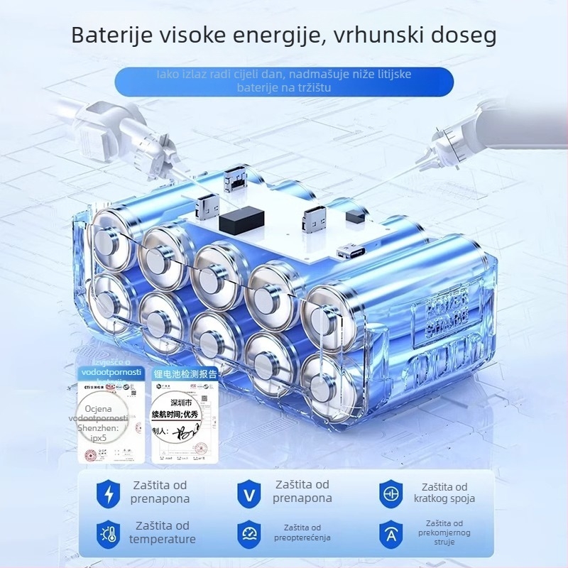 Bežični auto-prskač s motorom 120W, protok do 4 L/min, težina 3 kg, kućište od plastičnog legura; pogodno za pranje automobila, zalijevanje biljaka i čišćenje podova.