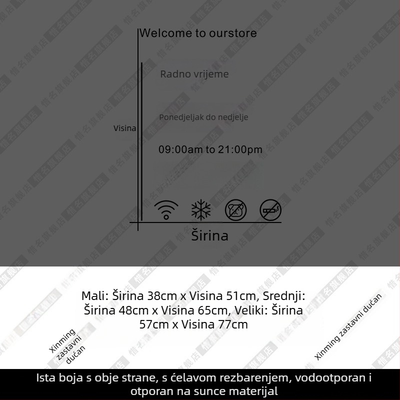 Naljepnica za staklena vrata s radnim vremenom – tekst sa slovima i brojkama, vanjska upotreba, dekorativno