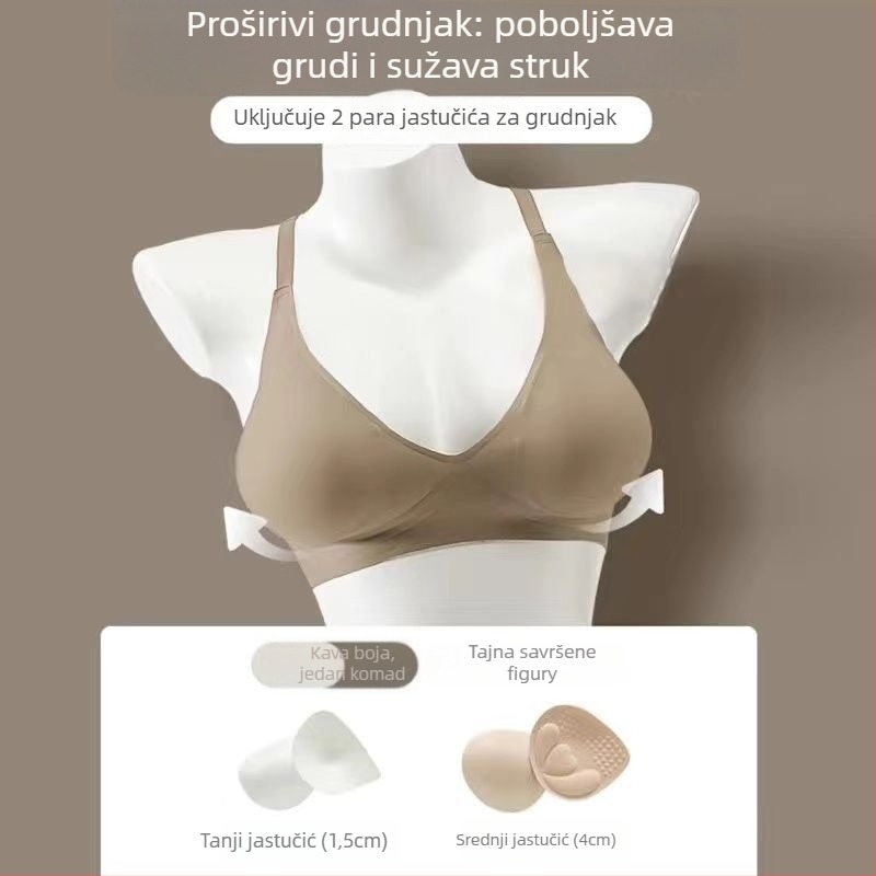 Najlon grudnjak s košaricama 3/4, oblikovane gornje tanke i donje debele košarice, fiksne dvostruke naramenice, bez leđa, bezšivni dizajn
