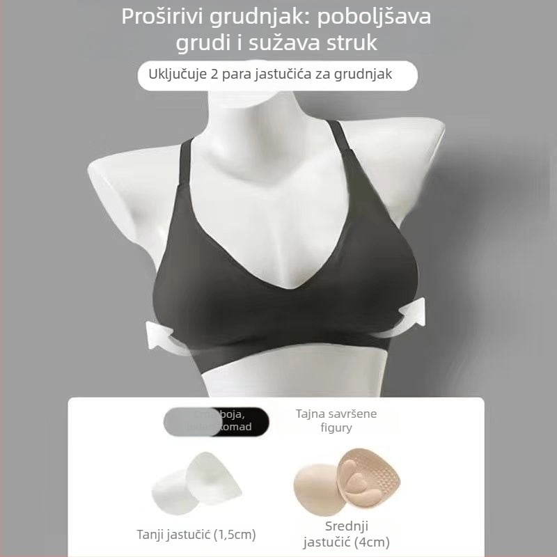 Najlon grudnjak s košaricama 3/4, oblikovane gornje tanke i donje debele košarice, fiksne dvostruke naramenice, bez leđa, bezšivni dizajn