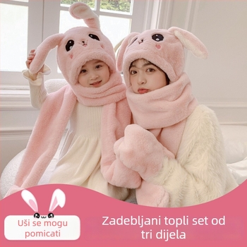 Kapa za djecu s pokretnim ušima zeca — zimska topla kapa s integriranim šalom i rukavicama