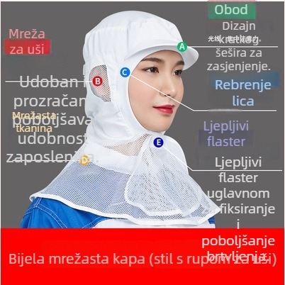 Šešir s plosnatim vrhom, prozračan, zaštita od prašine za prehrambenu industriju
