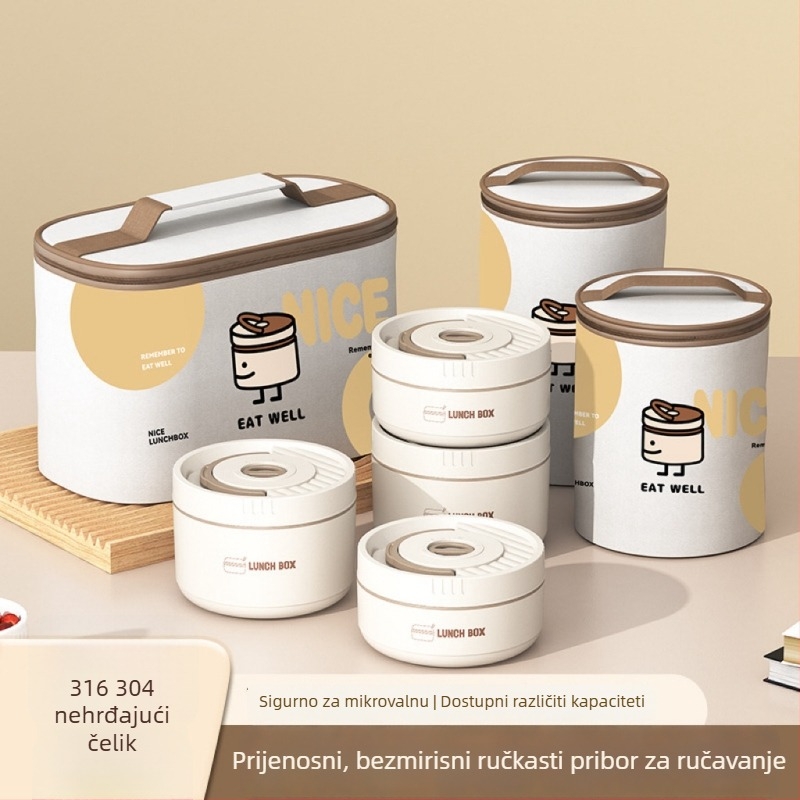 Kutija za ručak od nehrđajućeg čelika, okrugla, 1–2 L, višeslojna s poklopcem, izolirana i kompatibilna s mikrovalnom pećnicom