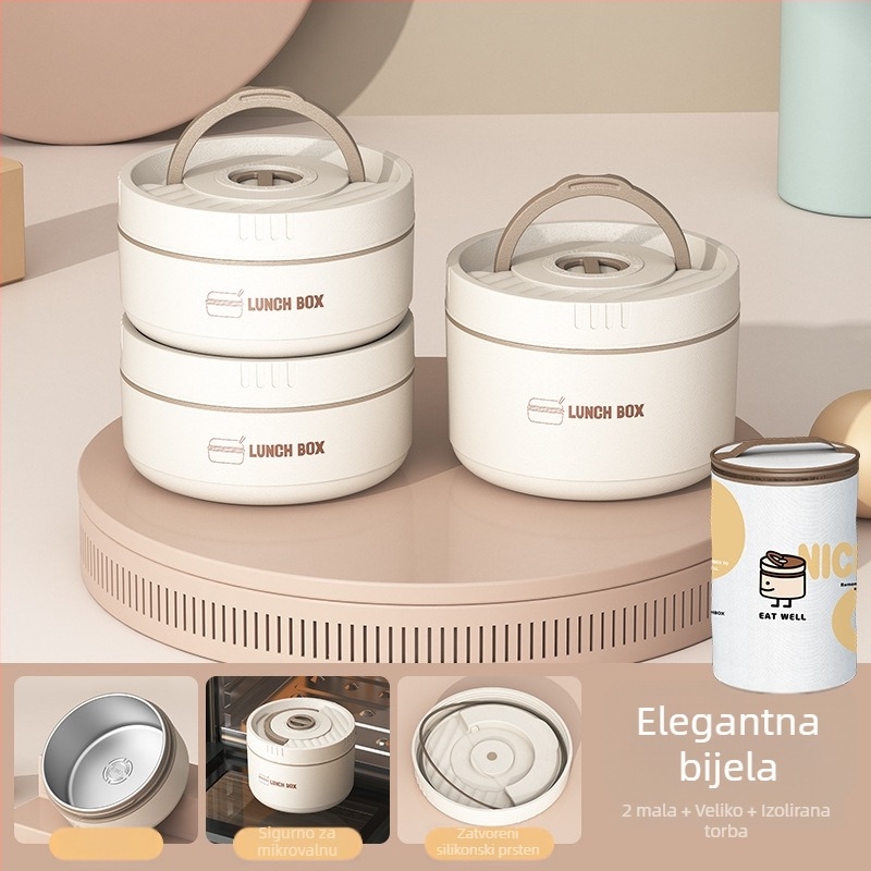 Kutija za ručak od nehrđajućeg čelika, okrugla, 1–2 L, višeslojna s poklopcem, izolirana i kompatibilna s mikrovalnom pećnicom