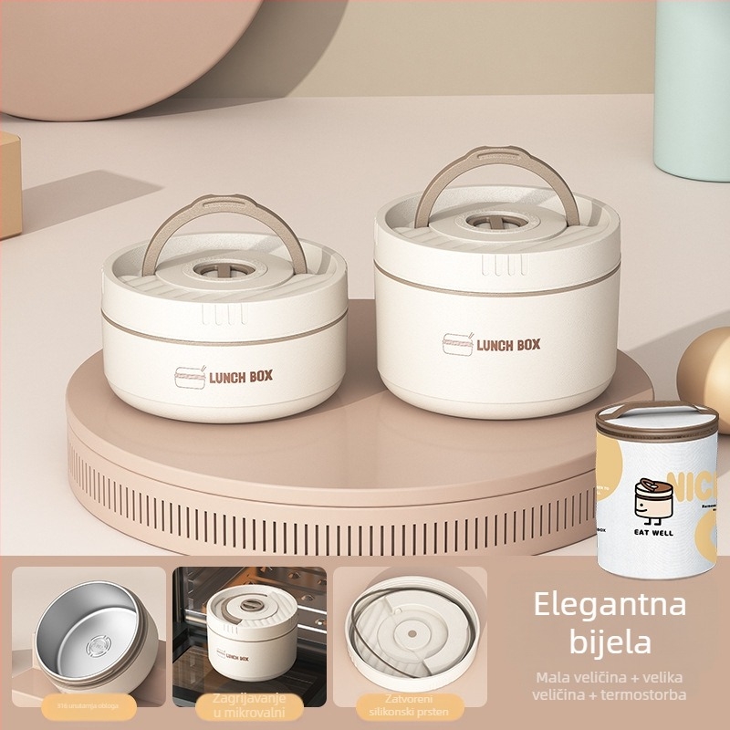 Kutija za ručak od nehrđajućeg čelika, okrugla, 1–2 L, višeslojna s poklopcem, izolirana i kompatibilna s mikrovalnom pećnicom