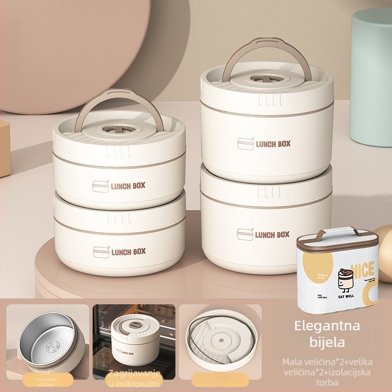 Kutija za ručak od nehrđajućeg čelika, okrugla, 1–2 L, višeslojna s poklopcem, izolirana i kompatibilna s mikrovalnom pećnicom