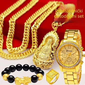 Pet dijelni set ogrlice s lancem tipa horse whip i privjeskom od legure, ručna izrada, unisex