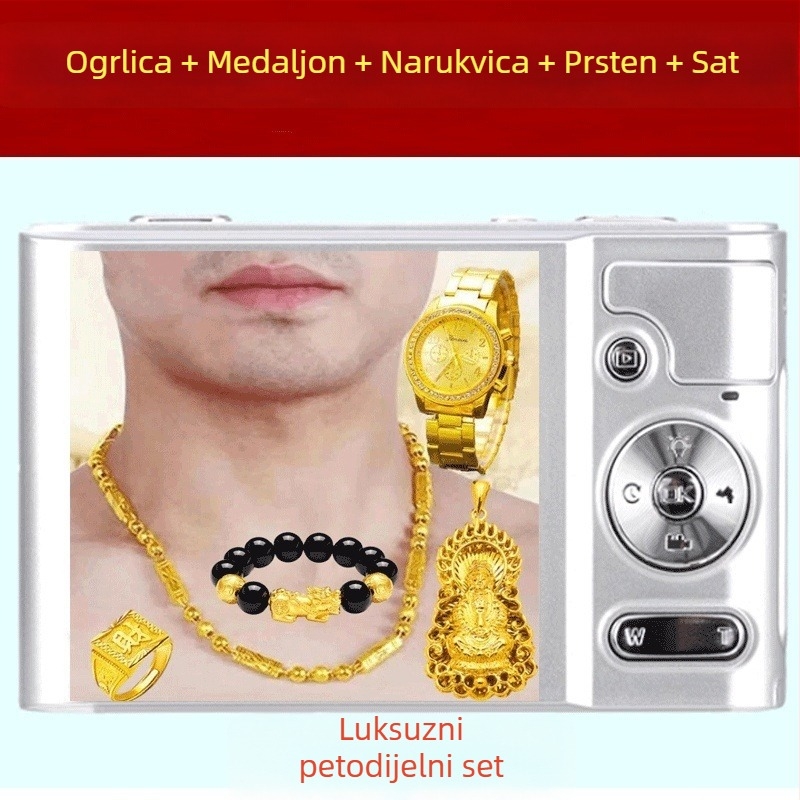Pet dijelni set ogrlice s lancem tipa horse whip i privjeskom od legure, ručna izrada, unisex