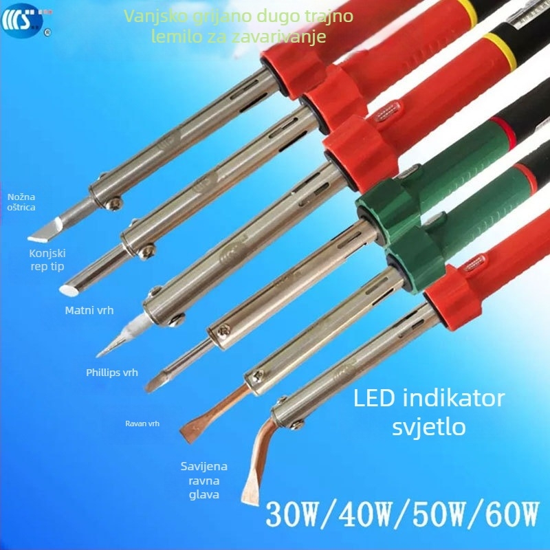 Kućno električno lemilo 30-60W, 220V, gumirana drška — lemilica s vrhovima: zakrivljeni, ravni, plosnati i potkovasti (model WS-708)