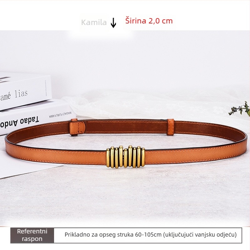 Ženski uski kožni pojas — od prave kože; spona od legiranog metala; način pričvršćivanja: kopča; stil: retro, književnost i umjetnost; elektroplatiranje