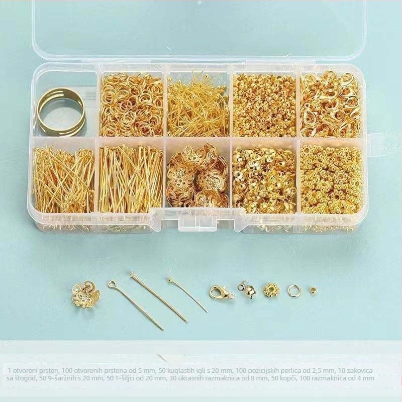 DIY komplet za izradu nakita: otvarajući prsteni, T-pinovi, lobster clasp, pozicionirajuće perle, igla u obliku broja 9