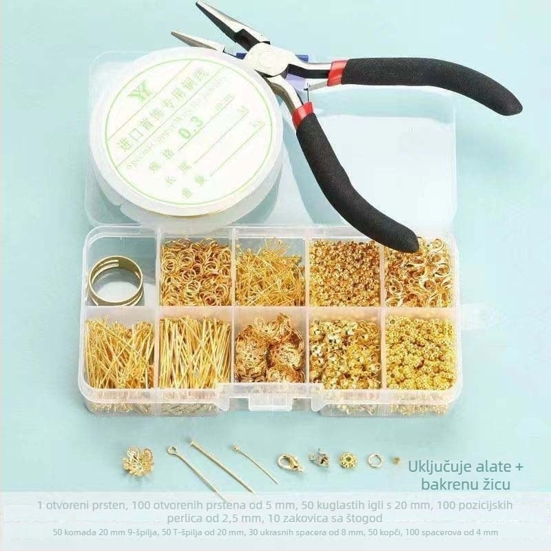 DIY komplet za izradu nakita: otvarajući prsteni, T-pinovi, lobster clasp, pozicionirajuće perle, igla u obliku broja 9
