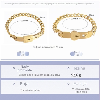 Narukvica za parove od titan čelika, egzotičan stil sa srčanim motivom, funkcija protiv umora, kameni s pozlaćenim premazom