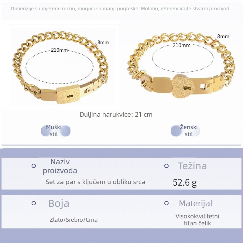 Narukvica za parove od titan čelika, egzotičan stil sa srčanim motivom, funkcija protiv umora, kameni s pozlaćenim premazom