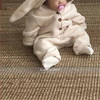 Baby unisex jumpsuit s kapuljom i ušima zeca, fleece od poliestera, korejski stil, dugi rukavi, zimska odjeća