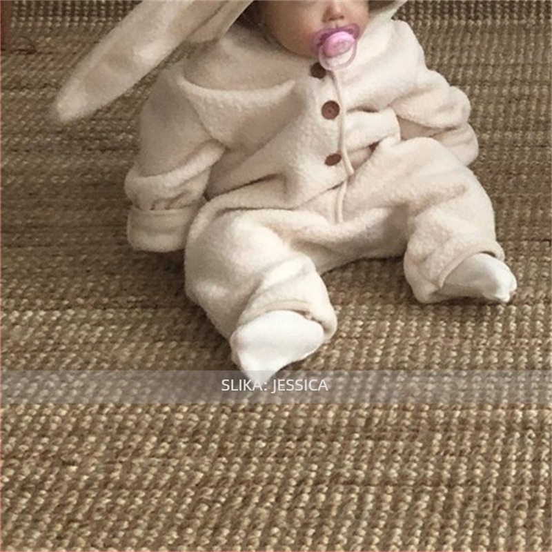Baby unisex jumpsuit s kapuljom i ušima zeca, fleece od poliestera, korejski stil, dugi rukavi, zimska odjeća