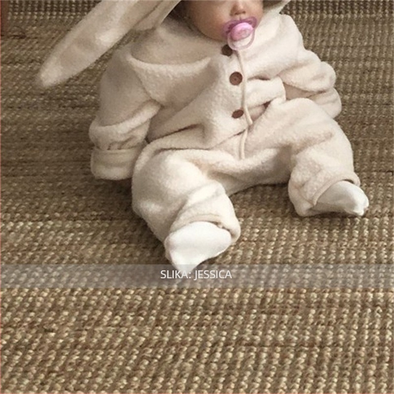 Baby unisex jumpsuit s kapuljom i ušima zeca, fleece od poliestera, korejski stil, dugi rukavi, zimska odjeća