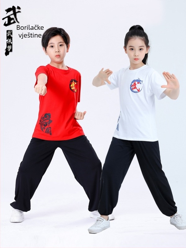 Dječji unisex set za borilačke vještine s lantern hlačama i kratkim rukavima za Kung Fu, Tai Chi i Sanda trening, 95% pamuk, mekana obrada tkanine