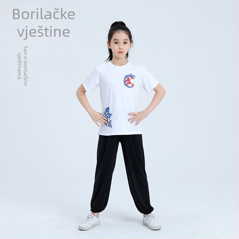 Dječji unisex set za borilačke vještine s lantern hlačama i kratkim rukavima za Kung Fu, Tai Chi i Sanda trening, 95% pamuk, mekana obrada tkanine
