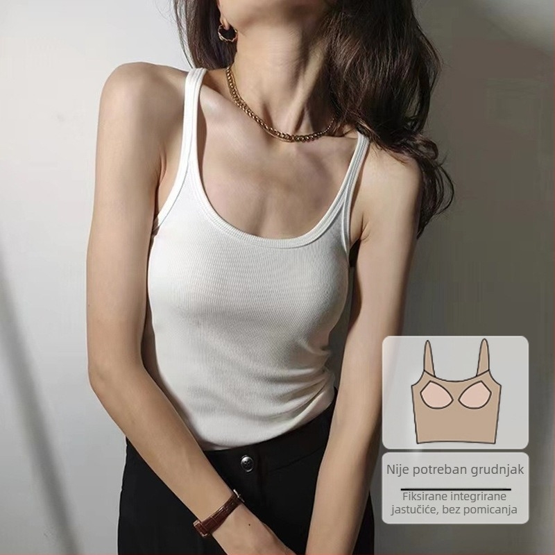 Camisole top s trakama, Sling stil, tijesan kroj, Viskoz 95% + Elastan 5%, Jednobojni uzorak, Ugrađeni jastučić za grudi, Ljeto 2025