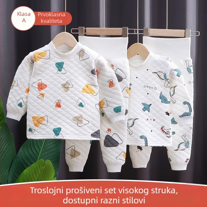 Dječji dvodijelni set: topla hlače s visokim strukom i dugi rukav na gornjem dijelu, unisex zimska kućna odjeća s otvorom za promjenu pelene.