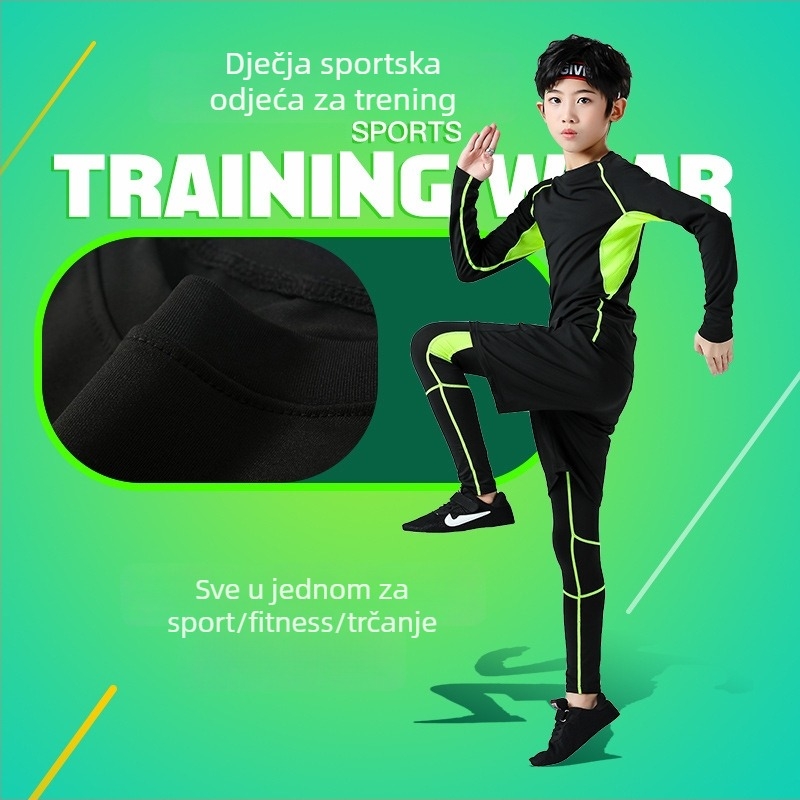 Dječji uski trening komplet – unisex, uski kroj, brzo suši milk silk tkanina, 95% klorirano vlakno, 5% poliester podstava, jednobojan, pogodna za trčanje, košarku i nogomet