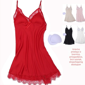 Ženska spavaćica s trakama i jastučićima za dojke, od ice silk materijala, ultra-tanka, V izrez, 3/4 rukava, duljina suknje