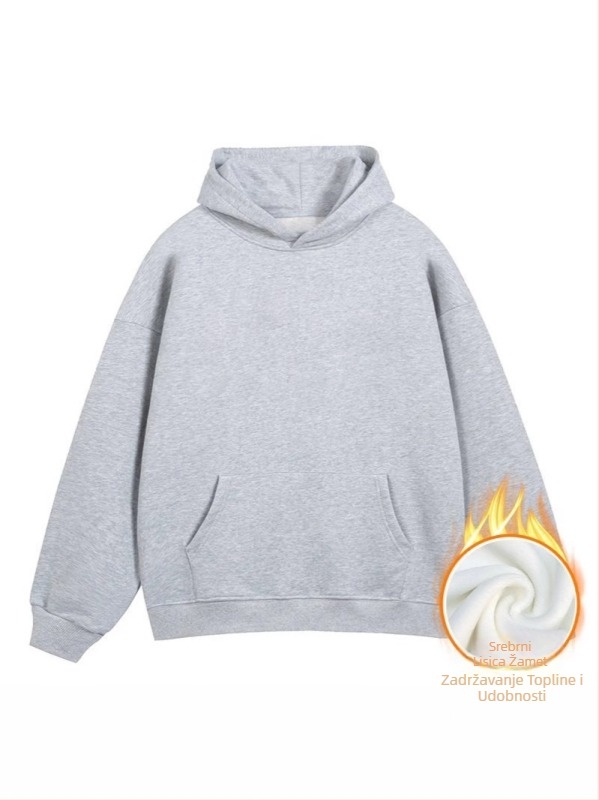 Džemper s kapuljacom od flisa, trodimenzionalni patch džepovi, 420 g mješavina pamuka fleece, ležeran kroj, okrugli izrez