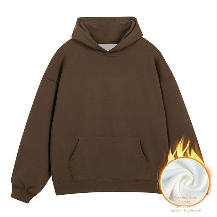 Džemper s kapuljacom od flisa, trodimenzionalni patch džepovi, 420 g mješavina pamuka fleece, ležeran kroj, okrugli izrez
