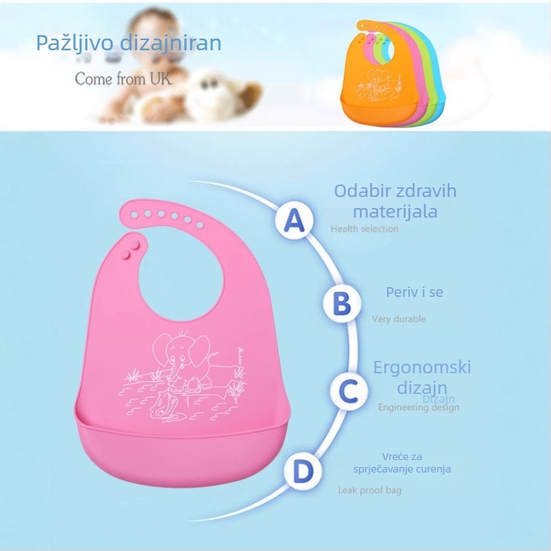 Silikonski dječji bib, za uzrast 1-3 godina, unisex, vodootporan i otporan na mrlje, uzorak crtani/abstrakt