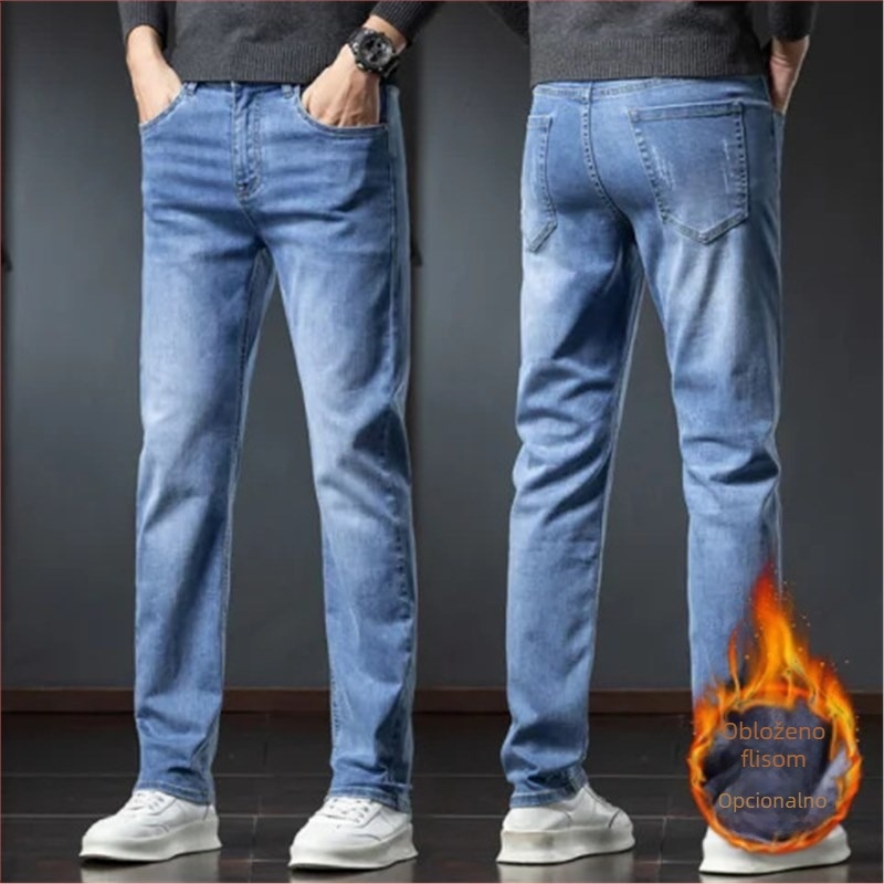 Muške traperice u korejskom stilu s ravnim krojem, srednji pojas, pamuk denim, mikroelastične