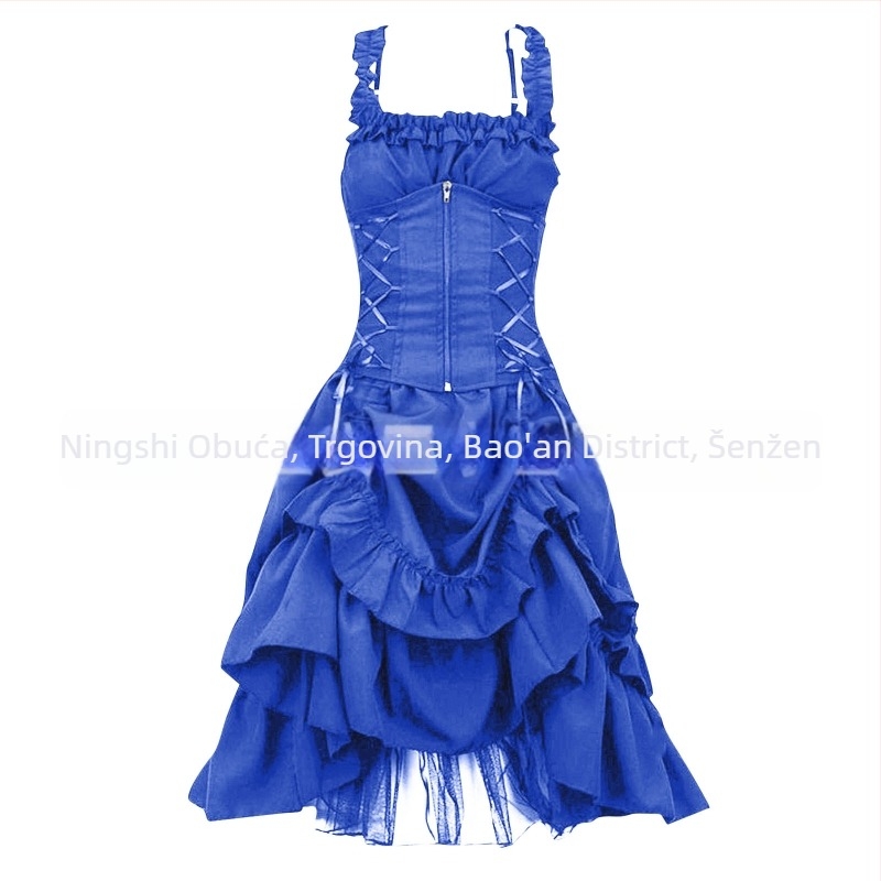 Gotik Lolita cosplay haljina za pozornicu – uski kroj, nepravilan čvor u struku, čipka, tkanina od pamukove smjese (polyester/spandeks), jesen 2024.