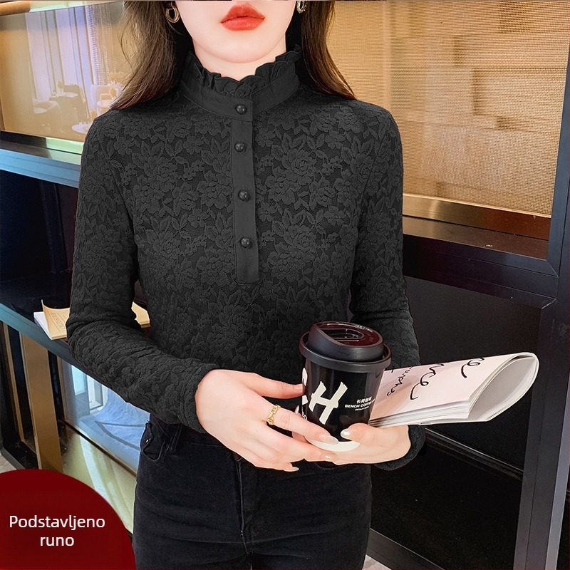 Plus-size čipkasti donji top s visokim ovratnikom, fleece unutrašnjom, dugi rukav, za jesen-zimu
