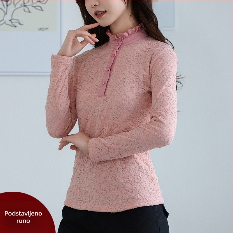 Plus-size čipkasti donji top s visokim ovratnikom, fleece unutrašnjom, dugi rukav, za jesen-zimu