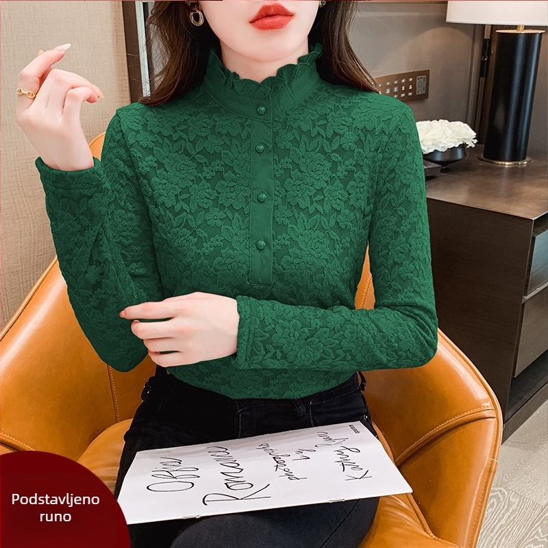 Plus-size čipkasti donji top s visokim ovratnikom, fleece unutrašnjom, dugi rukav, za jesen-zimu