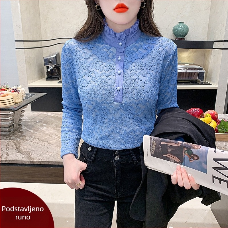 Plus-size čipkasti donji top s visokim ovratnikom, fleece unutrašnjom, dugi rukav, za jesen-zimu