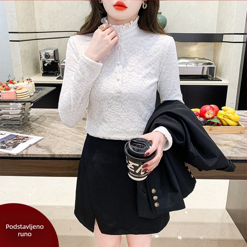 Plus-size čipkasti donji top s visokim ovratnikom, fleece unutrašnjom, dugi rukav, za jesen-zimu