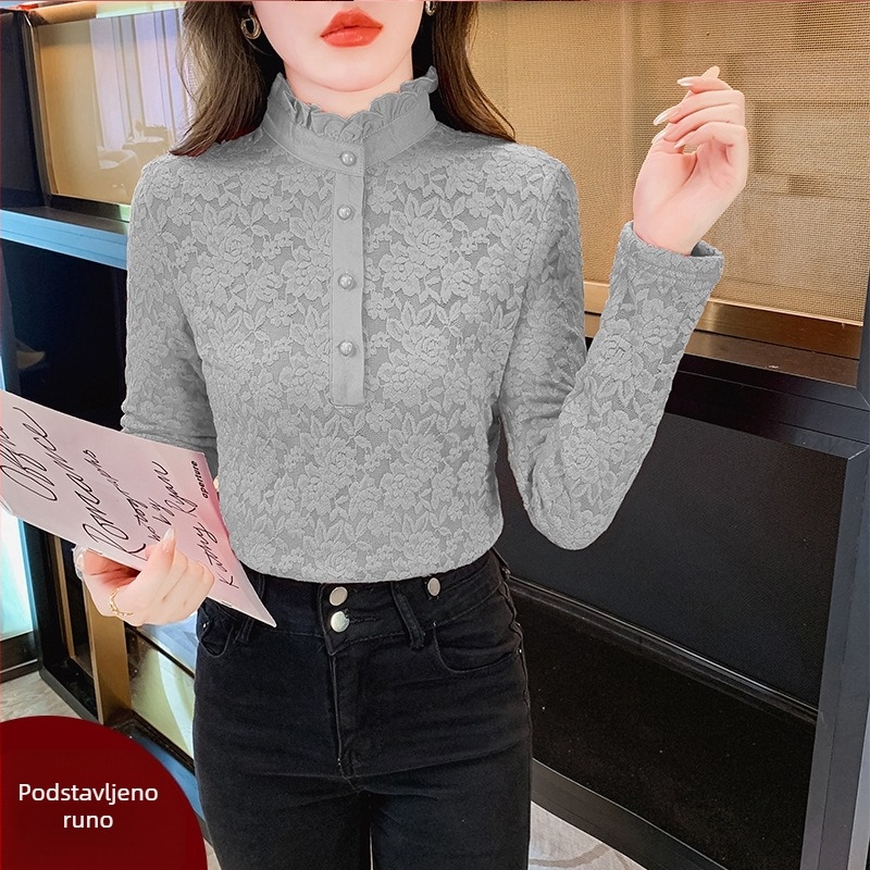 Plus-size čipkasti donji top s visokim ovratnikom, fleece unutrašnjom, dugi rukav, za jesen-zimu