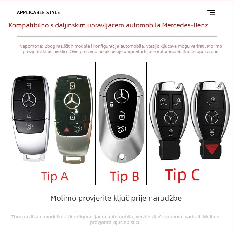 Kućište ključeva za modele Mercedes-Benz: S‑klasa Maybach, C‑klasa (C200L), E260L, E300L, GLB, GLC260L; cinkova legura; jednostavan stil
