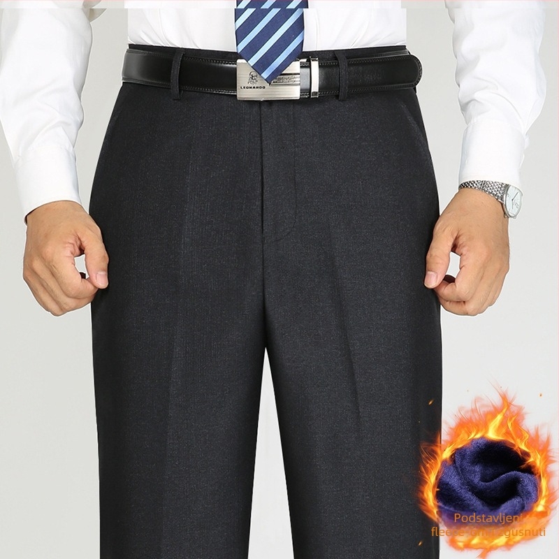 Muške hlače za poslovni casual, ravni kroj, fleece podstava, srednji porast struka, poliester materijal.