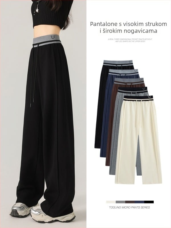 Ženske casual široke hlače s blokovima boja i visokim strukom, duge, s patchwork izvezom — pamuk-poliester smjesa (50–70% pamuka, 30–50% poliester)