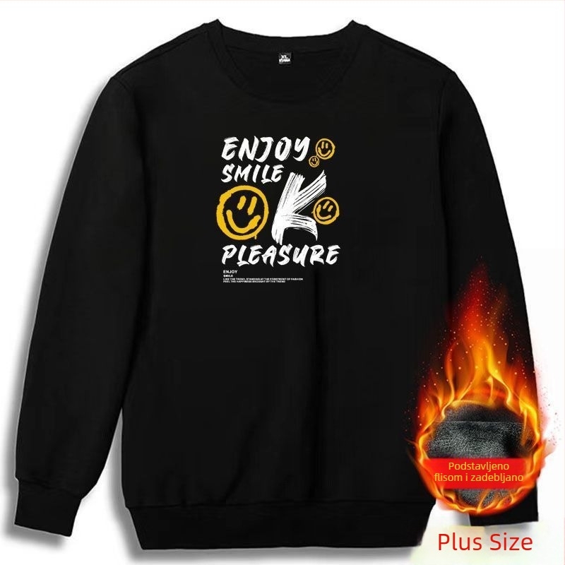 Muški sweatshirt plus veličina, dugi rukavi, okrugli izrez, udobna silueta, baršunasti unutarnji sloj, jednobojna, zimska svakodnevna odjeća