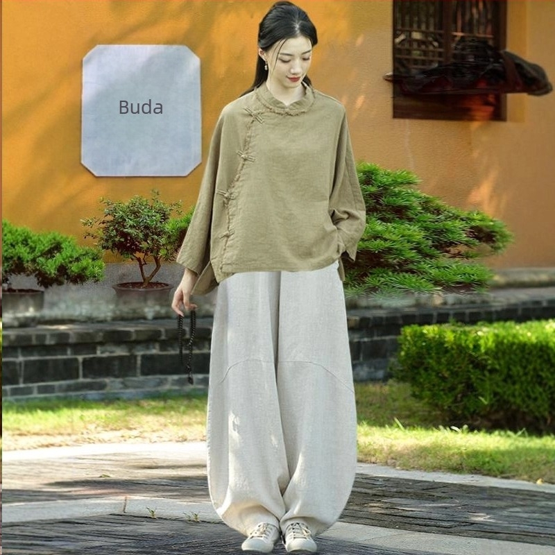Ženski Zen ogrtač od ramije, sand-washed završetak, sadržaj ramije 30–50%, jesen 2025