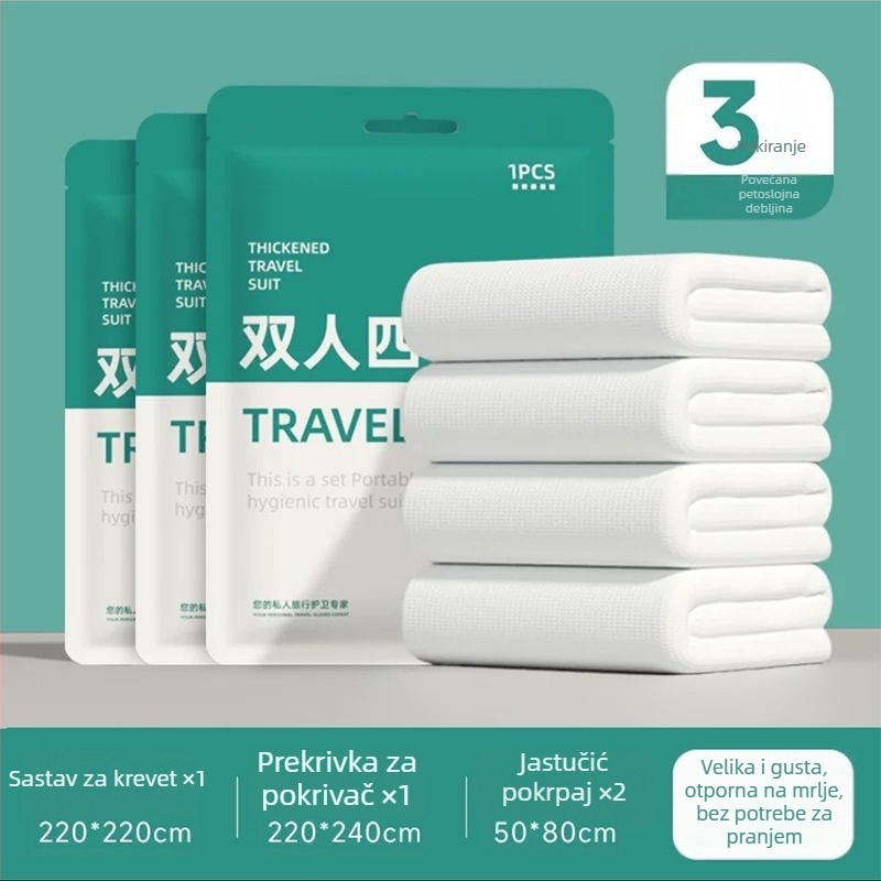 Jednokratni četverodijelni set posteljine za putovanja i vlakova ležaja: plahta, navlaka za pokrivač, navluke za jastuke, vreća za spavanje