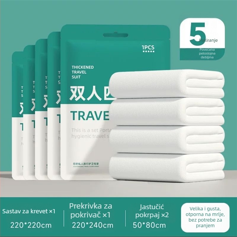 Jednokratni četverodijelni set posteljine za putovanja i vlakova ležaja: plahta, navlaka za pokrivač, navluke za jastuke, vreća za spavanje