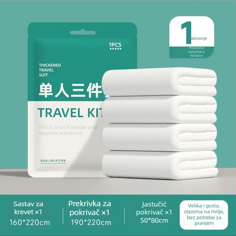 Jednokratni četverodijelni set posteljine za putovanja i vlakova ležaja: plahta, navlaka za pokrivač, navluke za jastuke, vreća za spavanje